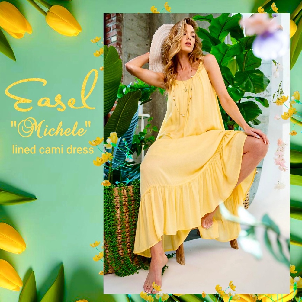 EASEL The "Michele" Cami Dress Adjust. Straps Unique Details Ruffled Hem Lined